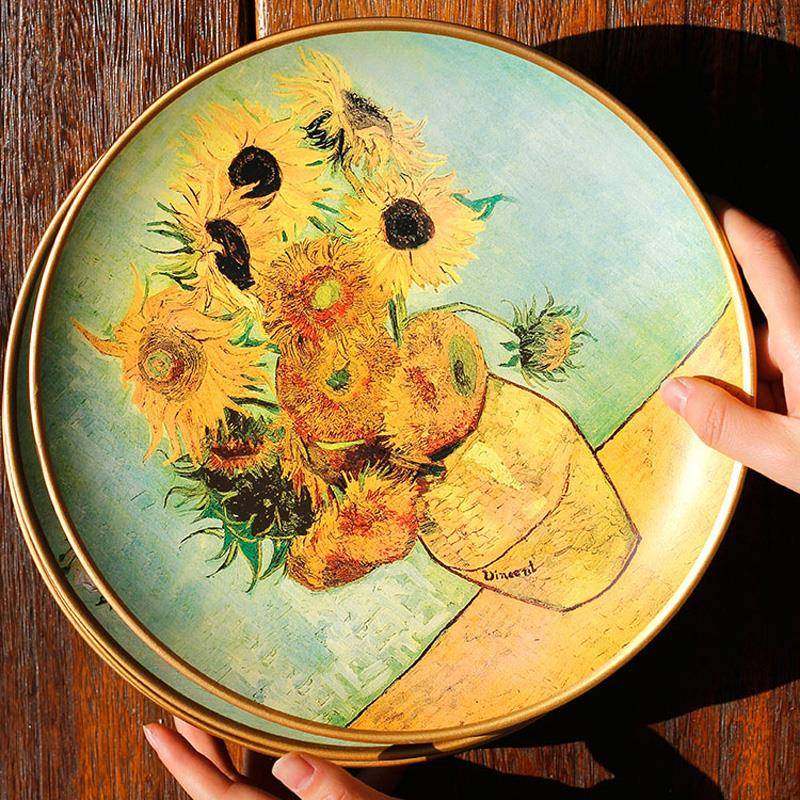 欧式陶瓷盘子装饰摆件客厅书架酒柜摆盘风景油画彩绘工艺盘挂盘