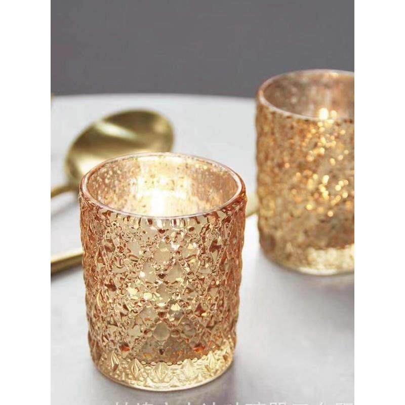 金色璀璨星河菱形花纹透光玻璃烛台杯 香薰蜡烛杯 桌面小花瓶