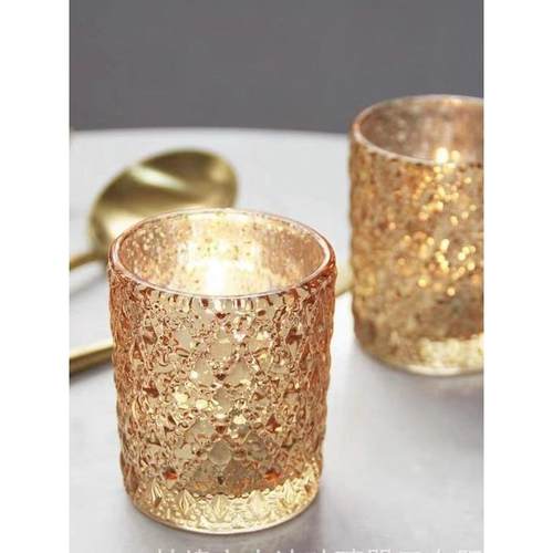 金色璀璨星河菱形花纹透光玻璃烛台杯 香薰蜡烛杯 桌面小花瓶