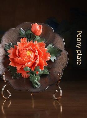 牡丹花挂板陶瓷新中国风莲花菊花装饰品客厅古架办公室桌面家居装