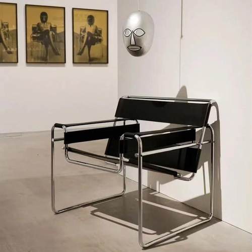 瓦西里椅ins设计师单人中古休闲沙发椅不锈钢马鞍皮客厅书房椅子