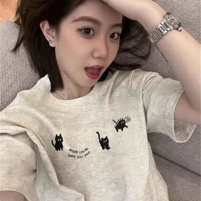 纯棉美式白灰色短袖t恤女宽松