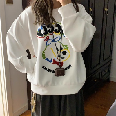 美式印花卡通小众白色圆领卫衣女