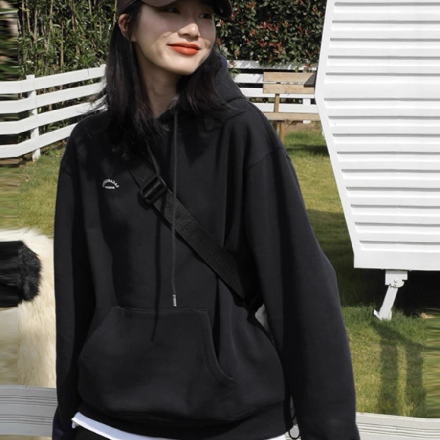 潮牌美式黑色连帽卫衣女宽松上衣