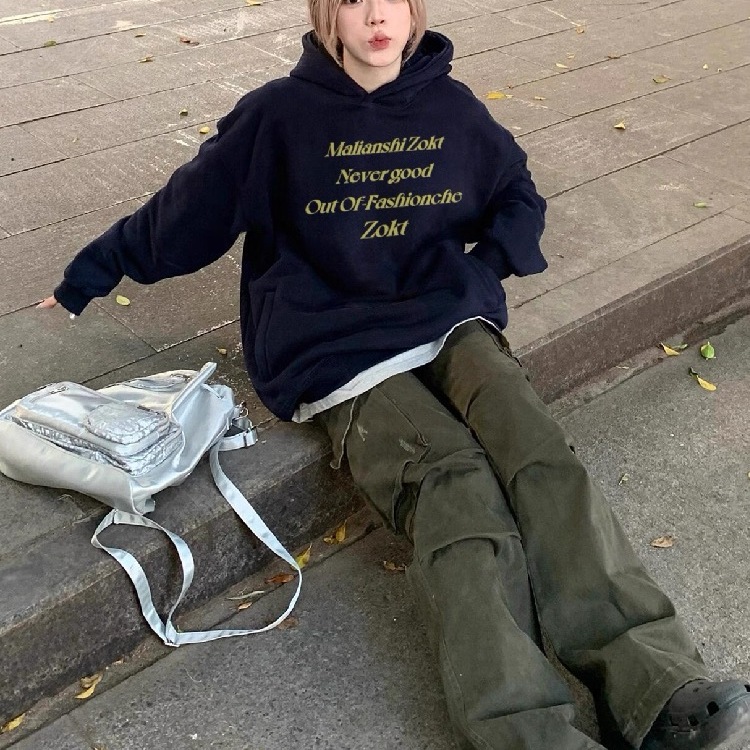 美式高街黑色连帽卫衣女宽松慵懒