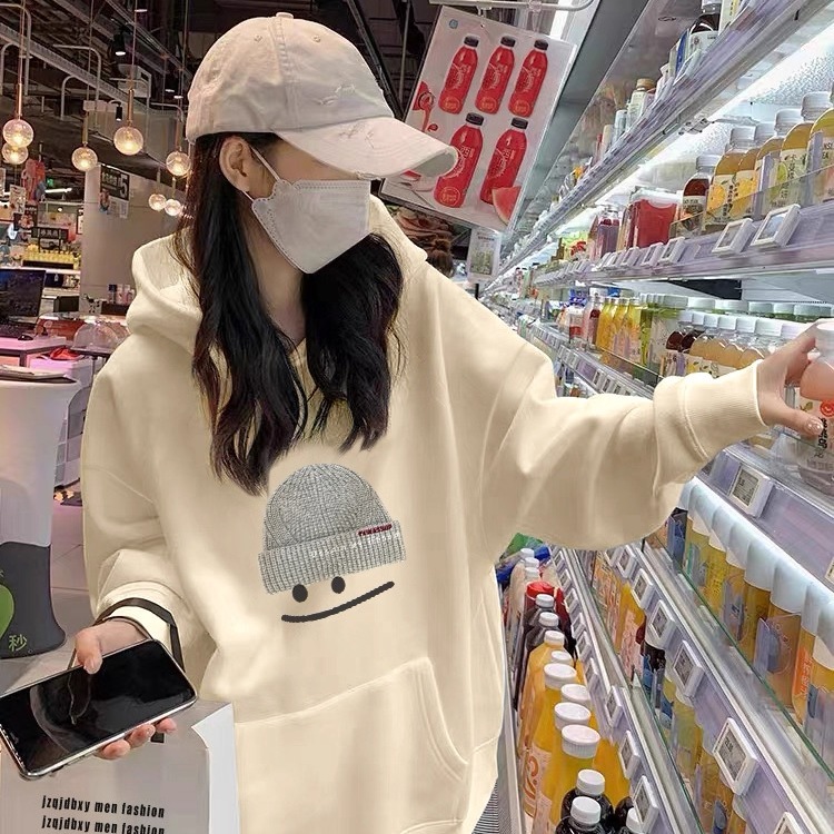 韩系杏色连帽卫衣女宽松慵懒感