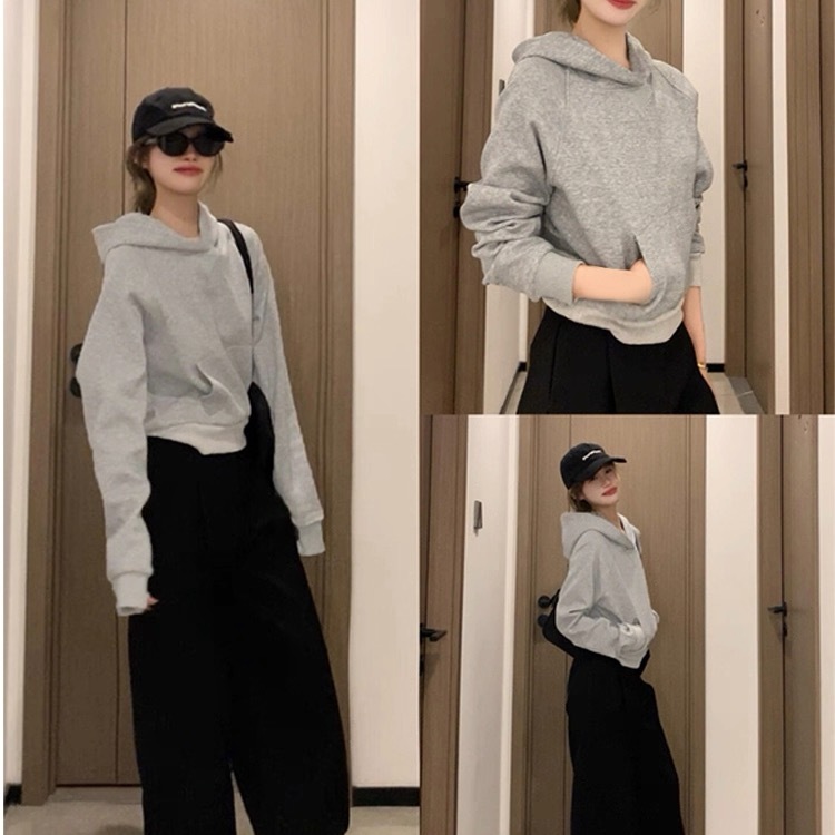 纯棉美式灰色短款卫衣女连帽上衣