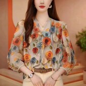 七分袖 俪洛爆款 立体浮雕桑皱宽松w洋气木耳领时尚 碎花雪纺衬衣