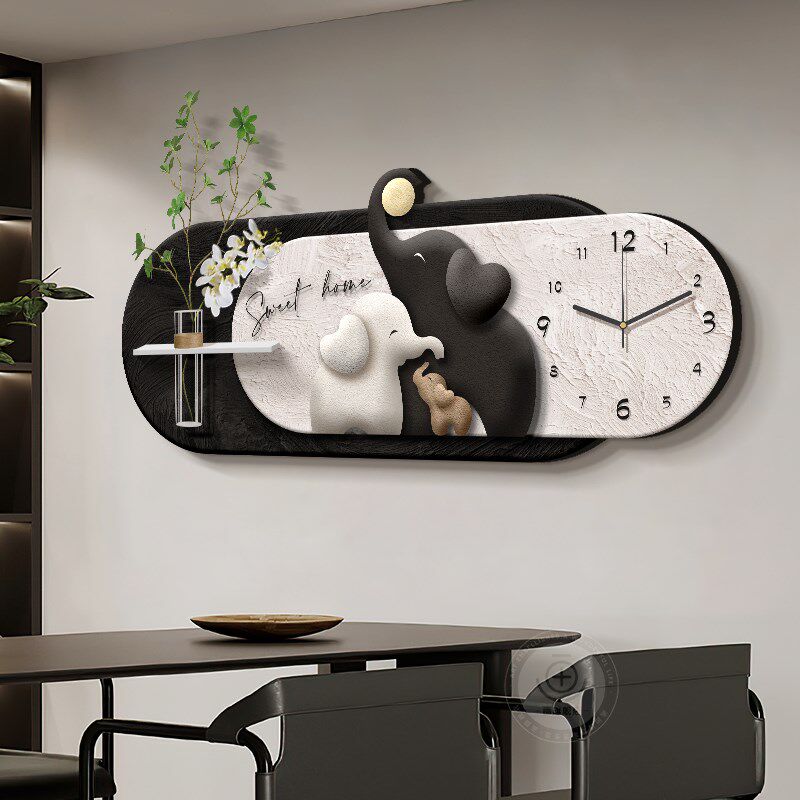 黑白饭厅装饰画大象现代简约客厅餐桌墙面装饰钟表挂画高级感壁画