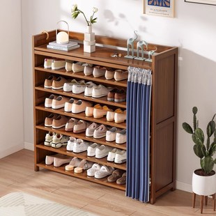 全楠竹鞋柜家用门口简易2023新款爆款室内实木防尘布帘多层鞋架子