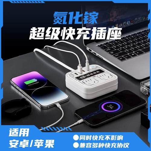 氮化镓66W快充插座机甲方形插头转换器USB超级快充电排插排接线