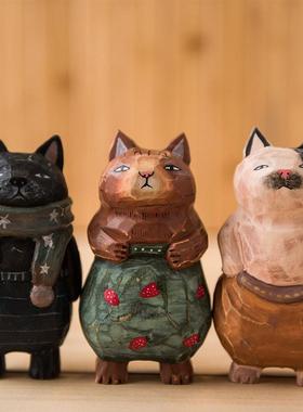 创意手工个性造型小猫木雕工艺品桌面摆件潮酷猫咪公仔生日礼物
