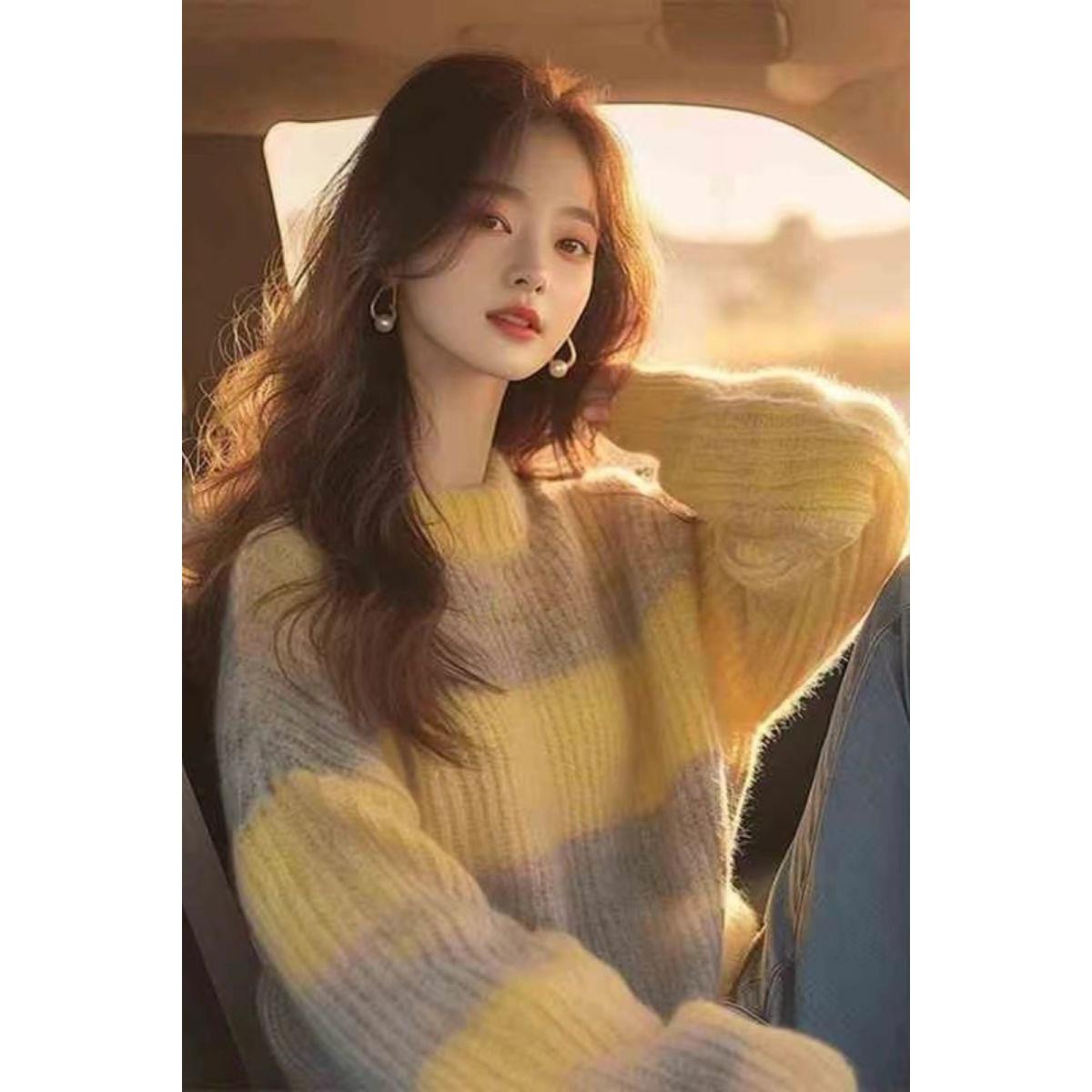 韩系穿搭黄色条纹软糯毛衣