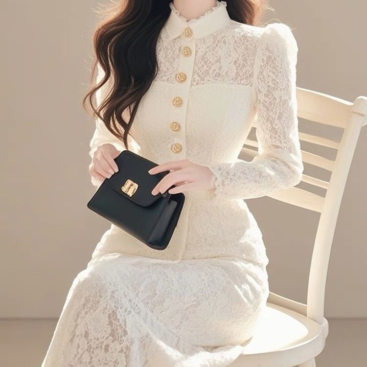 加绒加厚高端女神范漂亮独特内搭长裙高级感白色蕾丝连衣裙女秋冬