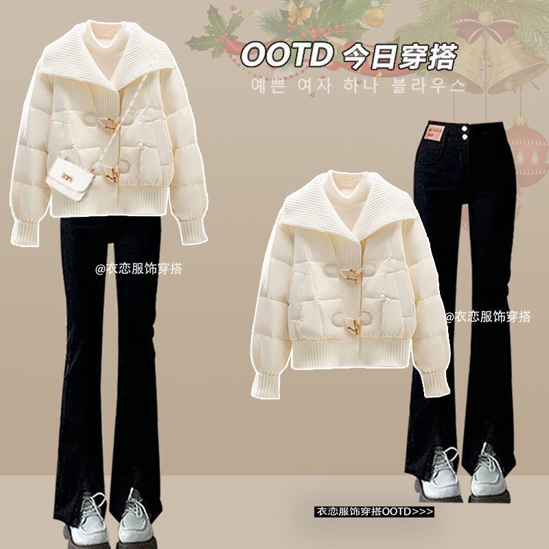 针织拼接羽绒服套装2024冬