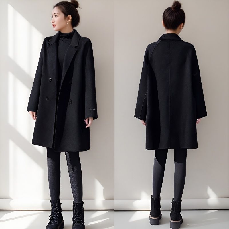 黑色赫本风大码呢子衣女中