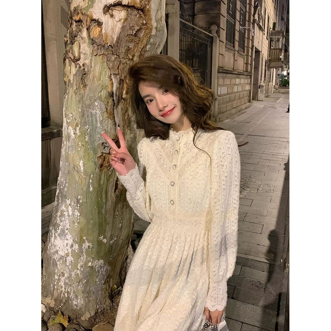 【美尚妹】法式初恋甜美茶歇秋冬内搭长裙加厚蕾丝杏色连衣裙女冬