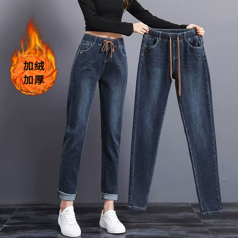 加绒松紧腰牛仔裤女2025年