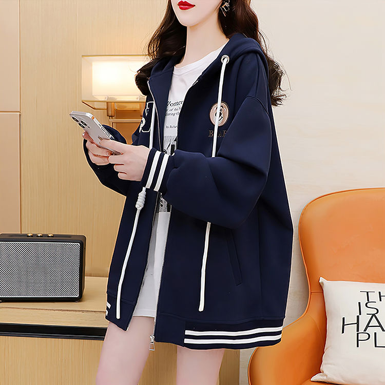 慵懒风连帽卫衣女开衫薄款刺绣中长款时尚网红加绒加厚上衣服外套