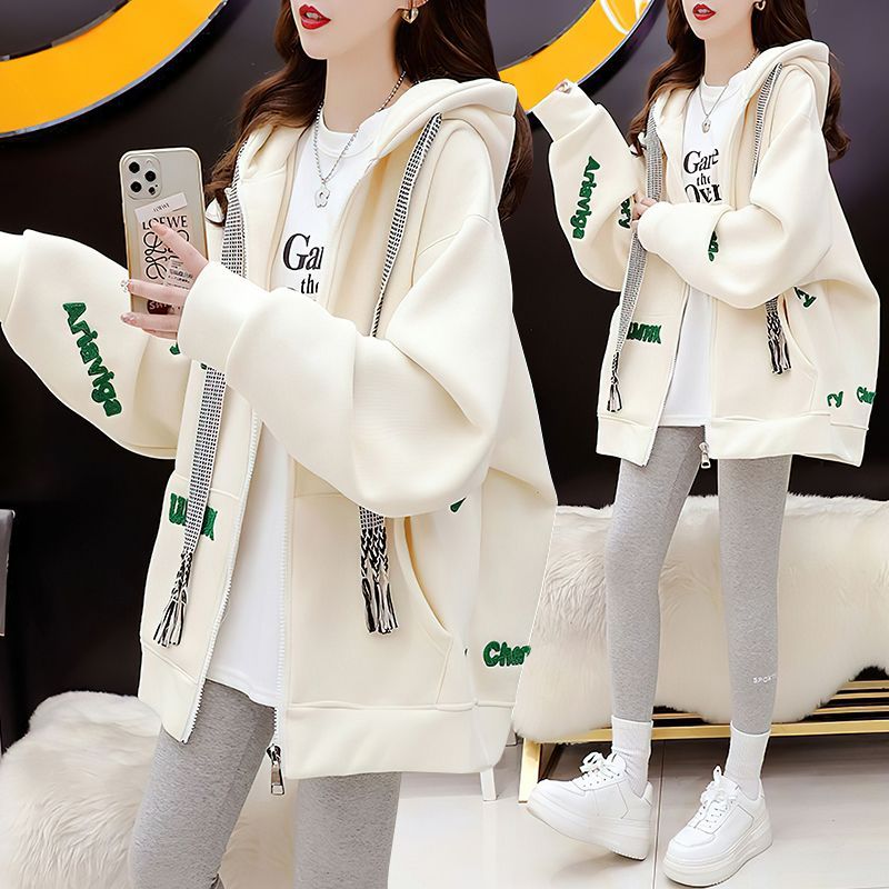 春秋冬季新款连帽卫衣女开衫薄款时尚休闲加绒中长款拉链百搭外套