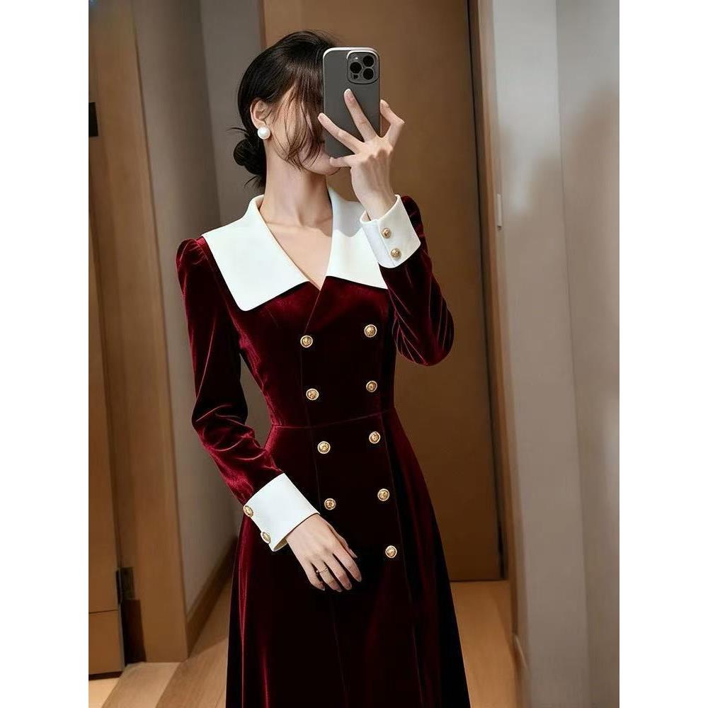 安可拉红丝绒连衣裙女秋端