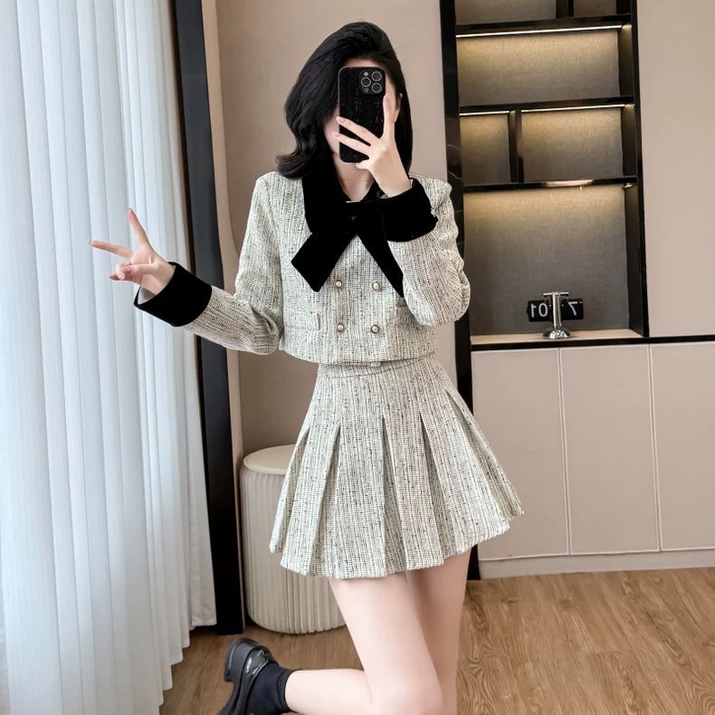 小香风套装气质毛呢外套女秋冬轻奢高级感短款百褶裙子千金套装裙