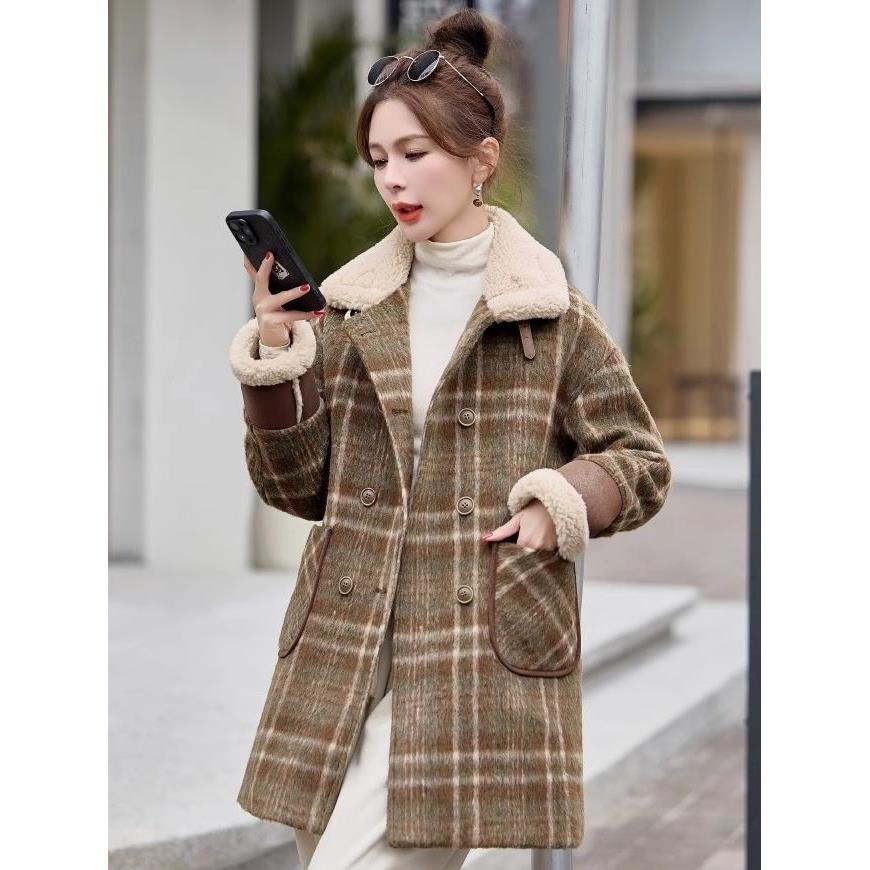 港风气质格子毛呢大衣冬季