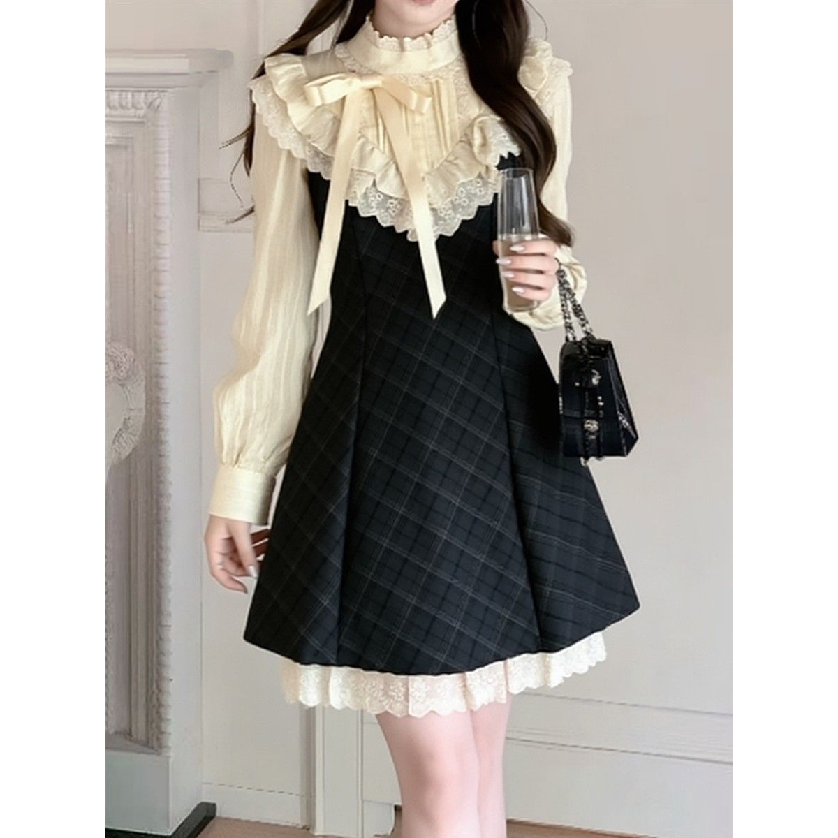 法式宫廷风甜美格纹短款连