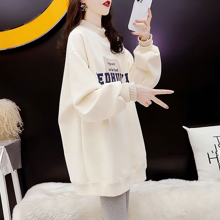 洋气红色假两件卫衣女薄款外套中长款秋冬季宽松韩版加绒加厚上衣