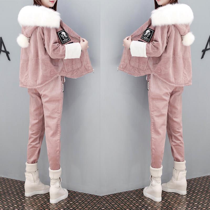 大码女秋冬装2021年新款加绒加厚羊羔毛套装胖妹妹遮肉灯芯绒外套