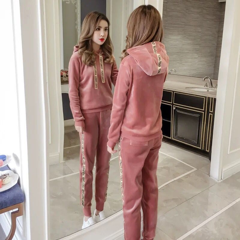 学生跑步运动服套装女秋冬季休闲连帽加绒加厚金丝绒卫衣两件套女