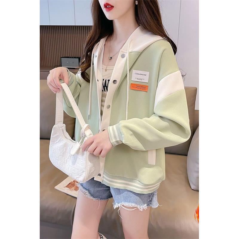 撞色拼接连帽卫衣女加绒厚