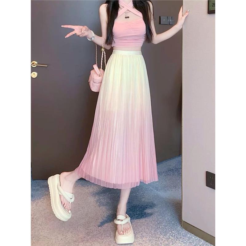 渐变色纱裙女2024秋冬中长款春秋季高腰风琴褶半身裙百褶裙显瘦裙