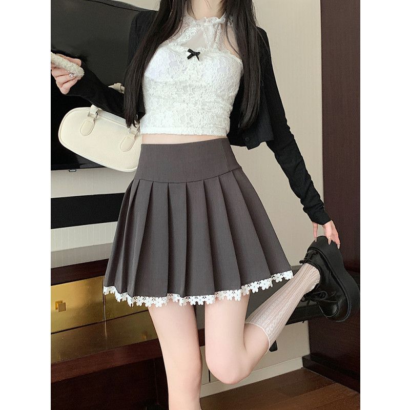 【1077人收藏】灰色蕾丝花边拼接西装半身裙女春季高腰学院风防走