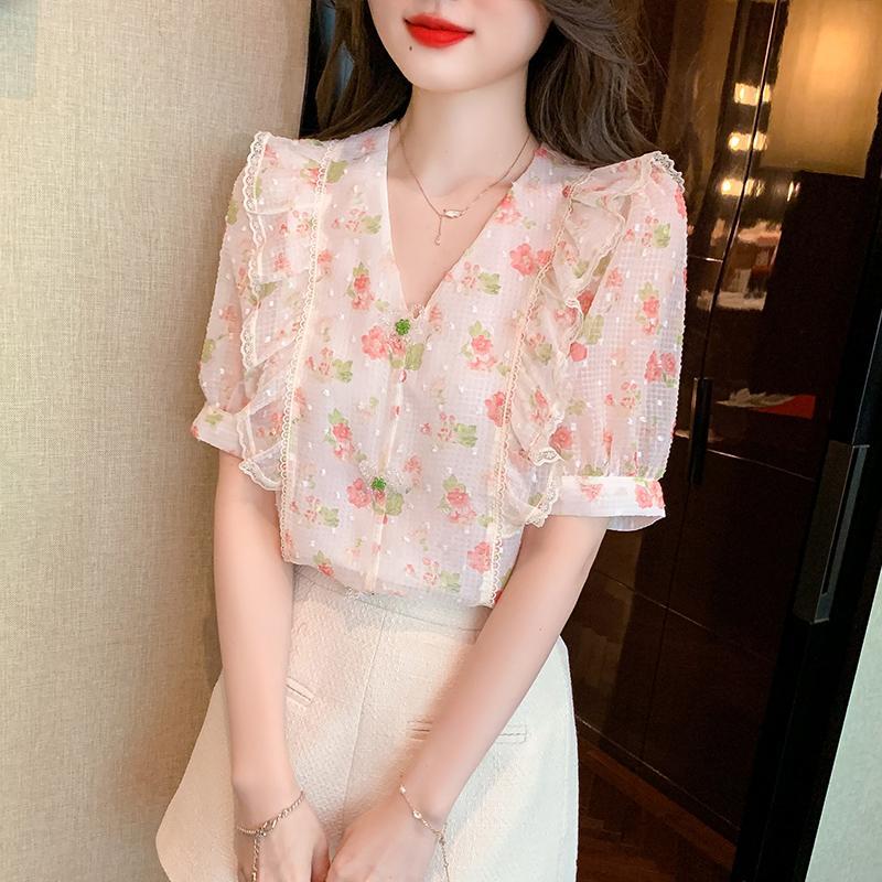 小清新甜美淑女衬衫女2025夏季新款洋气短袖气质百搭花色雪纺上衣