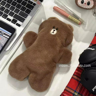 韩系布朗熊毛绒大容量笔袋高颜值小众女生初中生收纳袋学生文具盒