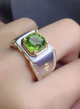 霸气男戒天然橄榄石戒指 裸石8A*8Mm 活口 古法磨砂工艺设计