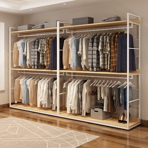 开放式衣柜金属衣帽间置物架子卧室落地靠墙铁艺步入式实木挂衣架