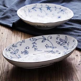 家用椭圆盘鱼盘釉下彩小清新菜盘 日本进口餐具光峰小蓝芽盘子日式