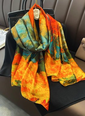 大丝巾女绿色时尚百搭长纱巾春秋冬季妈妈披肩两用薄围巾护颈围脖