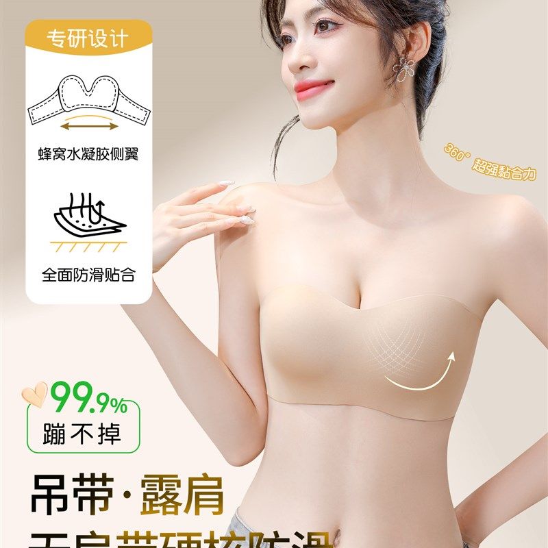 无肩带内衣女防滑聚拢小胸显大无痕隐形粉底液抹胸防走光裹胸胸罩