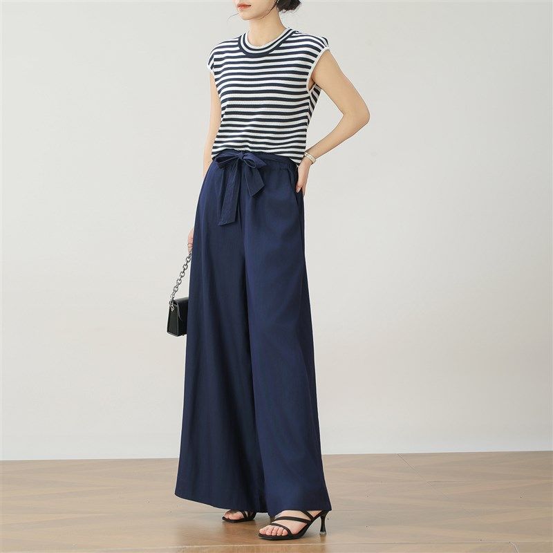 经典条纹轻熟时尚套装女夏2025新款慵懒气质收腰T恤阔腿裤两件套,女装/女士精品,时尚套装,淘宝优惠券,粉丝福利购,淘宝优惠卷