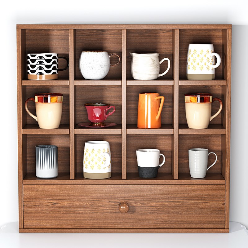 家用咖啡杯水杯木质储物柜杯架桌面格架置物架台面茶具杯子展示架