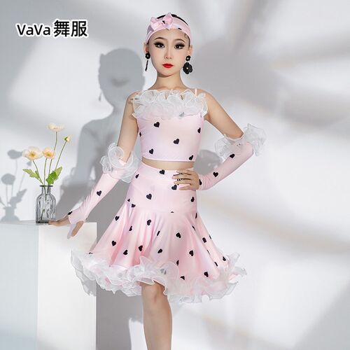 VaVa舞服小碎花拉丁舞蹈v裙服夏季新品专业少女儿童专业训练功比