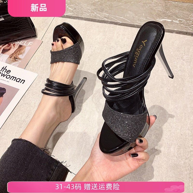 黑色网红高跟凉拖鞋女防水s台亮片鱼嘴拖鞋细跟懒人外穿小码31323
