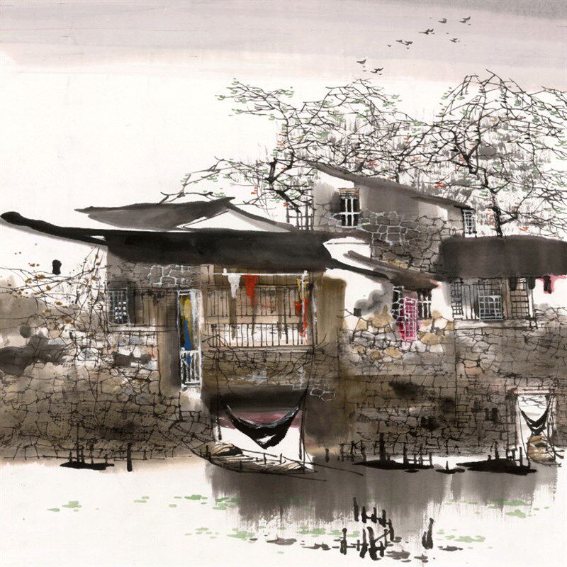 斗方江南水乡水墨风景国画客厅餐厅办公室内现代新中式装饰画挂画