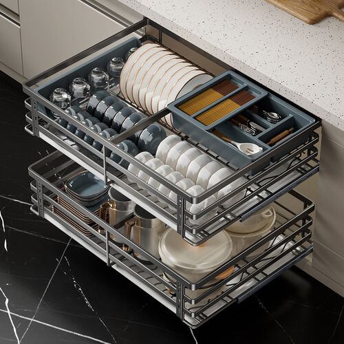 枪灰拉篮厨房橱柜304不锈钢双层抽屉式K碗碟架阻尼式滑轨收纳碗柜