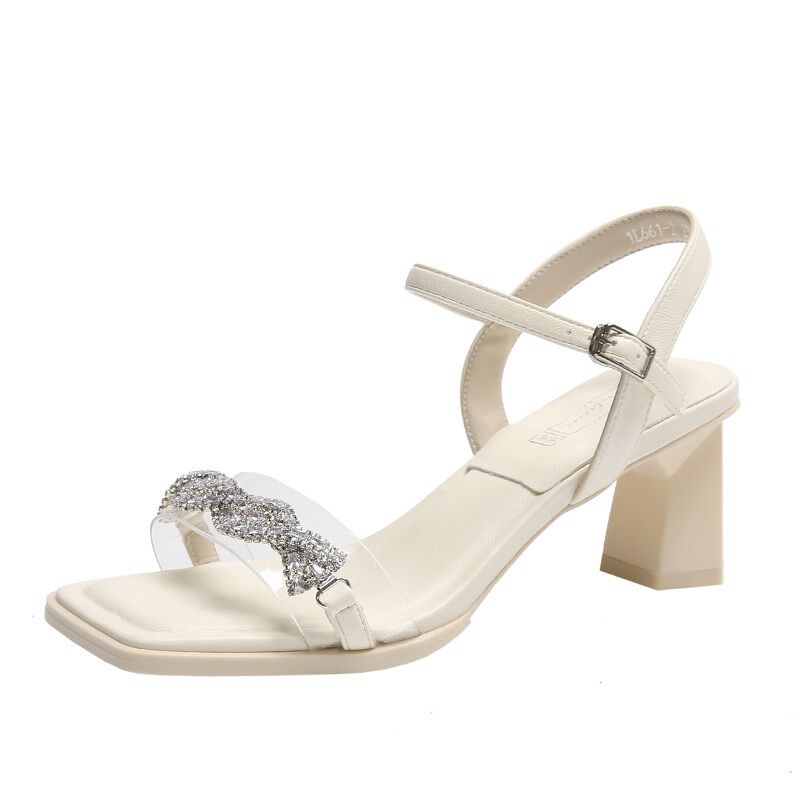 凉鞋女2024新款夏季米色高跟鞋气质高级粗跟软皮水钻一字带凉鞋女