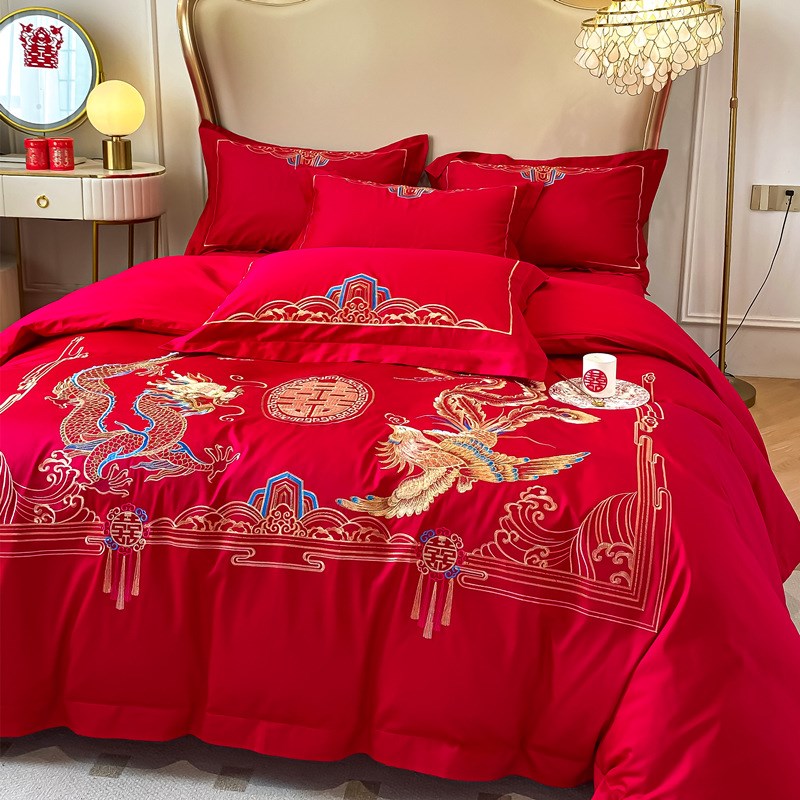 中式龙凤结婚四件套全棉大红色床单被套喜被婚庆床上用品