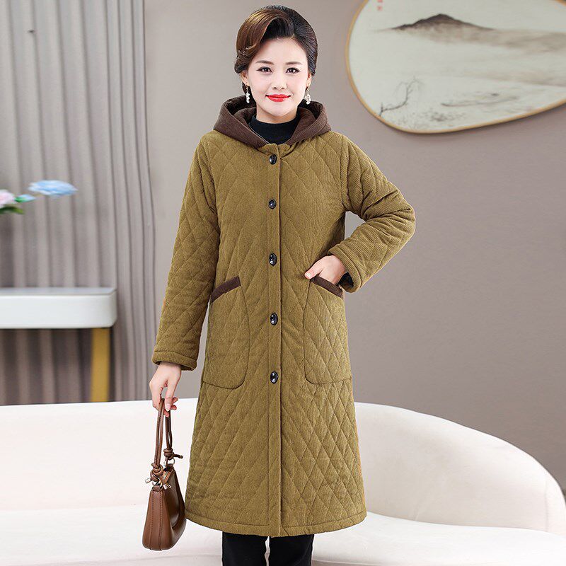 妈妈冬装棉衣中长款加绒保暖过膝棉服中老年女式加厚条绒棉衣大码